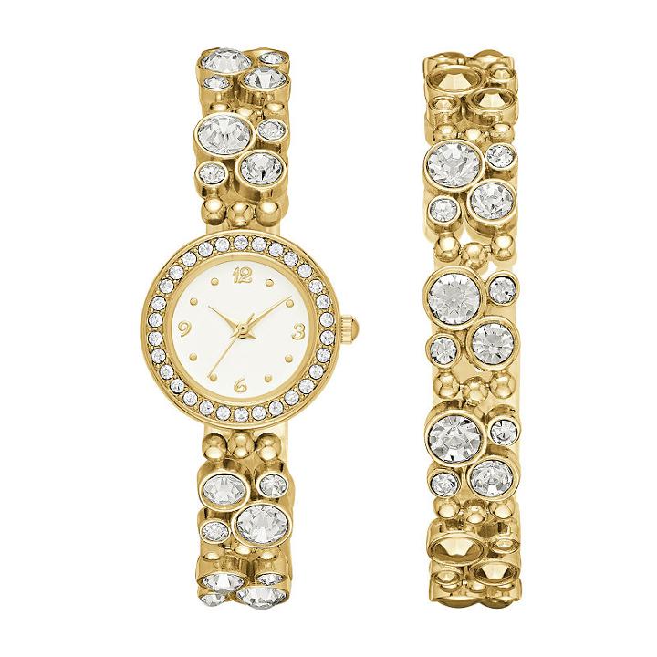 Geneva Womens Gold-tone Glitz Watch Boxed Set