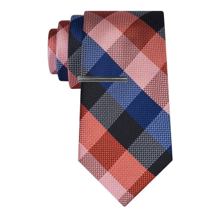 J.ferrar Navy Ground Gingham Tie With Tie Bar