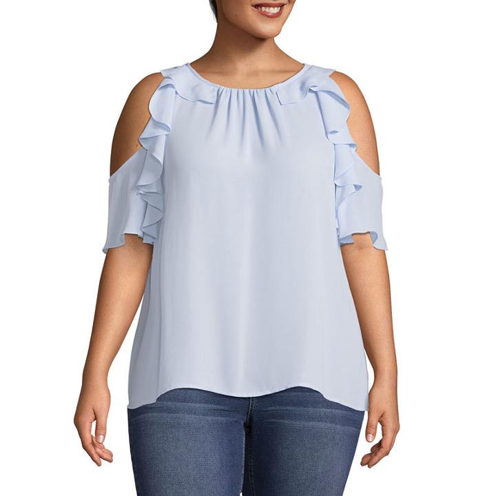 Belle + Sky Ruffle Cold Shoulder Round Neck Woven Blouse - Plus