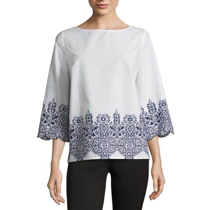 Liz Claiborne 3/4 Sleeve Scalloped Edge Top- Talls