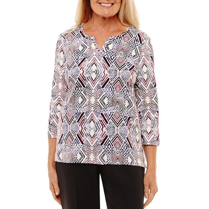 Alfred Dunner 3/4 Sleeve Split Crew Neck T-shirt-womens
