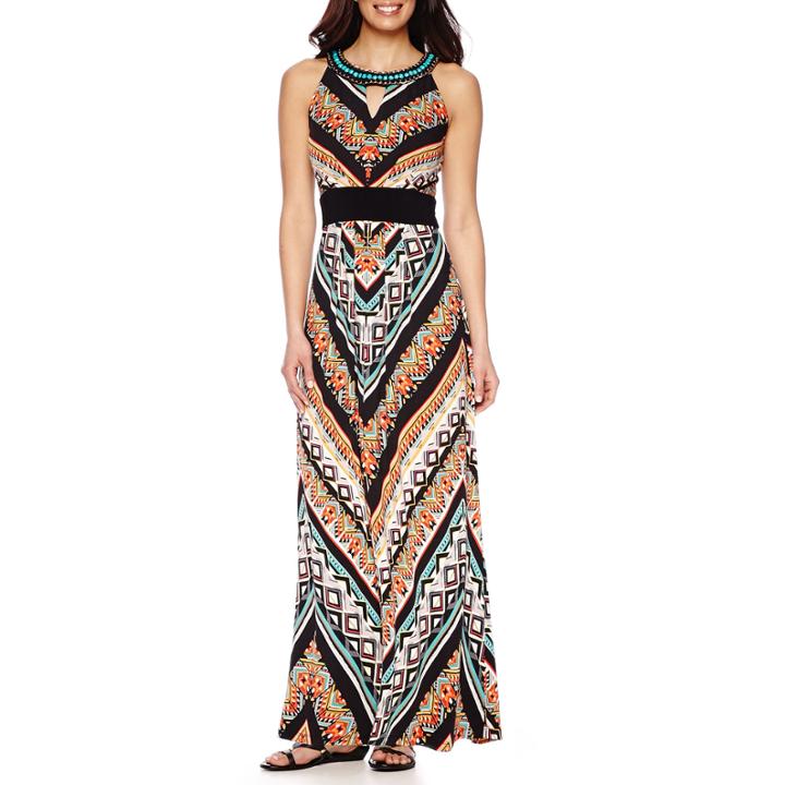 Rn Studio By Ronni Nicole Sleeveless Aztec Print Beaded Necklace Maxi Dress