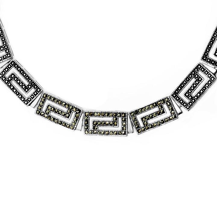 Sterling Silver Greek Key Necklace Featuring Swarovski Marcasite
