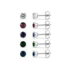 Sterling Silver 5mm Round Simulated Gemstone 5 Earring Pair Set