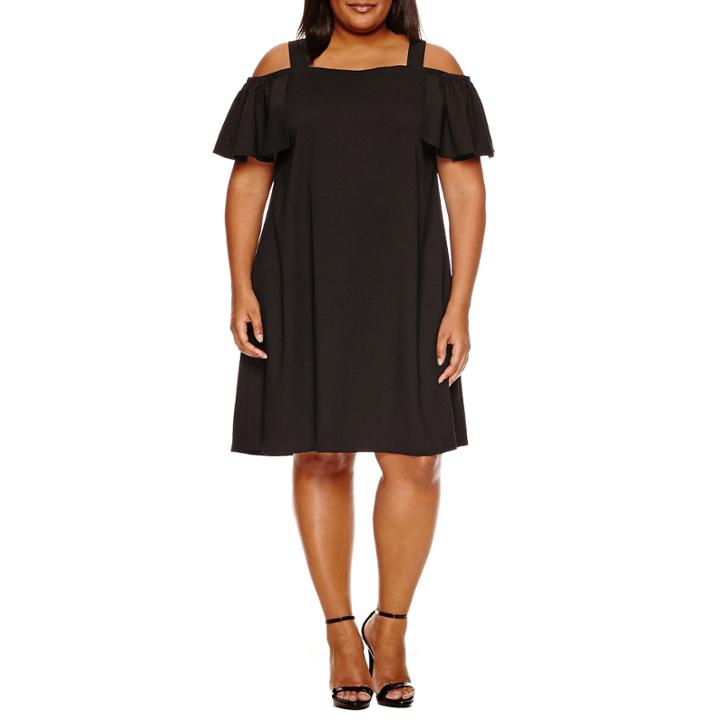 Boutique + Short Sleeve Cold Shoulder Knit Swing Dress-plus