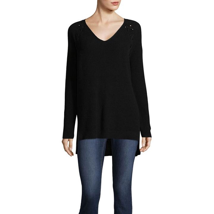 A.n.a Long Sleeve V-neck Sweater With Lacing - Tall