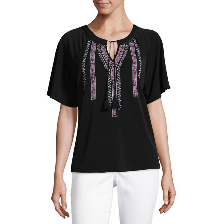 Liz Claiborne Short Sleeve Embroidered Knit Blouse