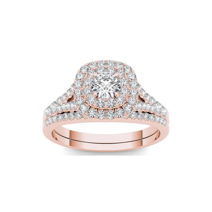 1 Ct. T.w. Diamond Halo 10k Rose Gold Engagement Ring Set