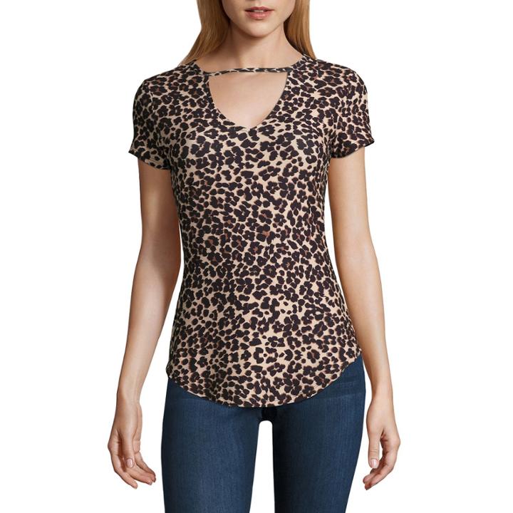 Almost Famous Short Sleeve V Neck Jersey Leopard Blouse-juniors