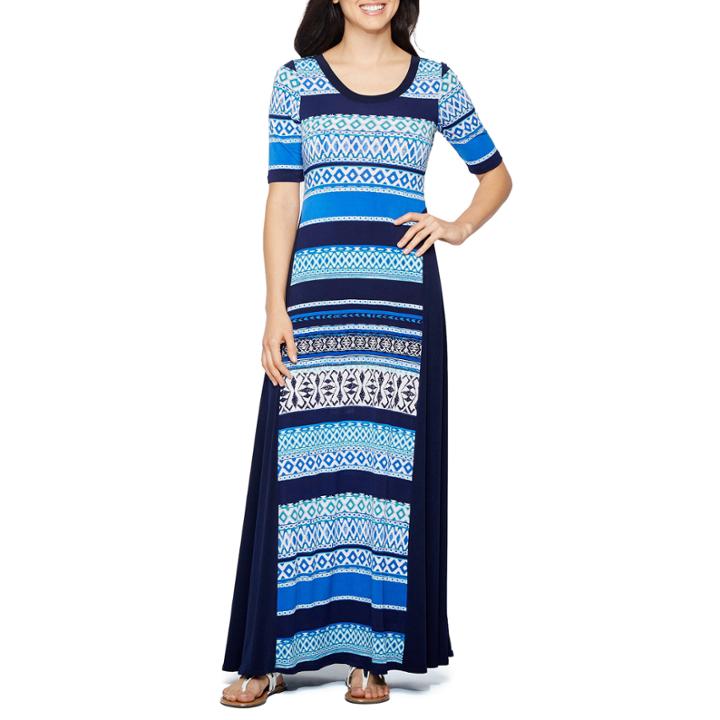 Rabbit Rabbit Rabbit Design Elbow Sleeve Stripe Maxi Dress