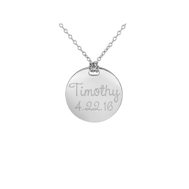 Personalized Sterling Silver 19mm Round Name & Date Pendant Necklace