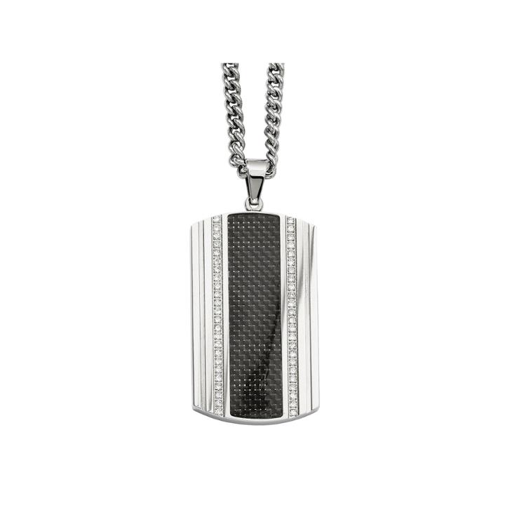 Mens Cubic Zirconia Stainless Steel & Black Carbon Fiber Dog Tag Pendant