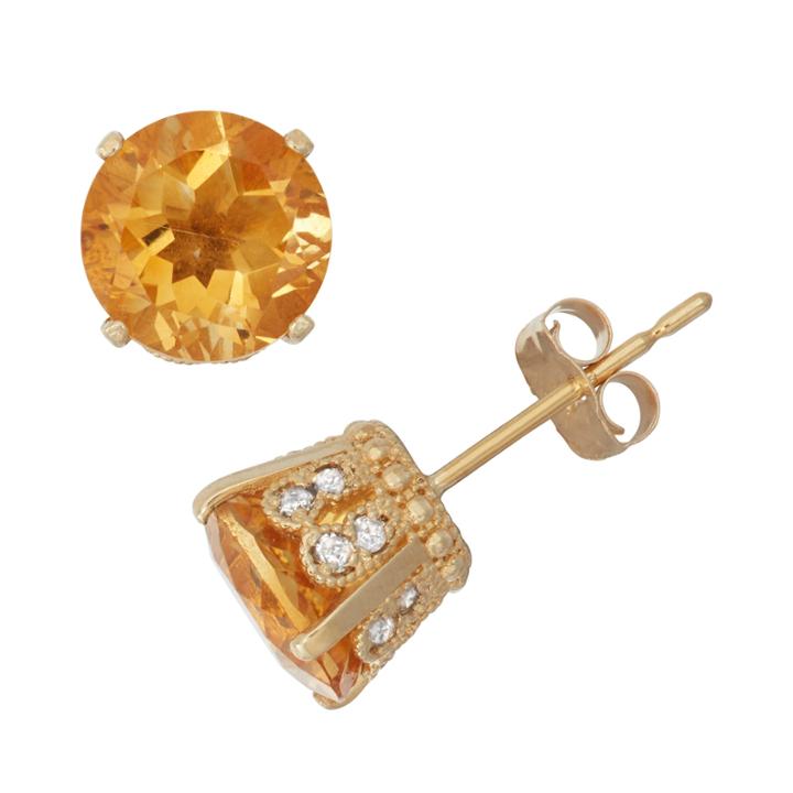 Genuine Citrine And 1/6c. T.t.w. Diamond 10k Yellow Gold Earrings