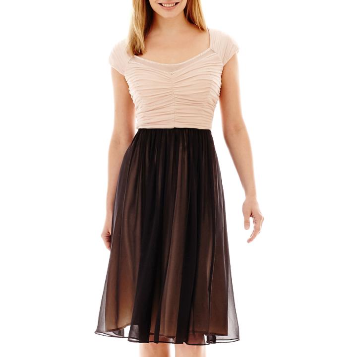Signature By Sangria Cap-sleeve Pleated Fit-and-flare Dress - Petite
