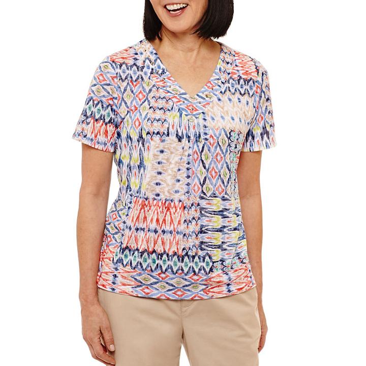 Alfred Dunner Classics Short Sleeve V Neck Patchwork T-shirt-womens