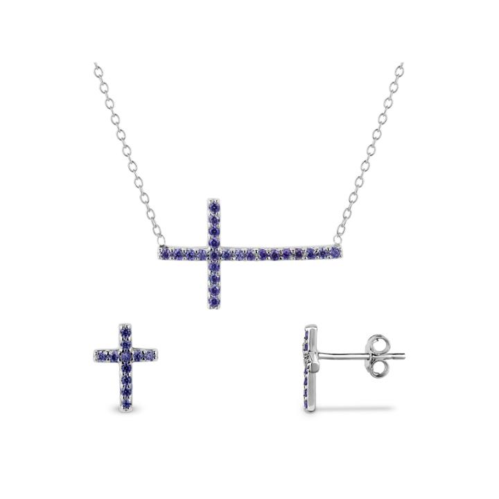 Simulated Amethyst Sterling Silver Necklace & Earrings 2 Piece Set