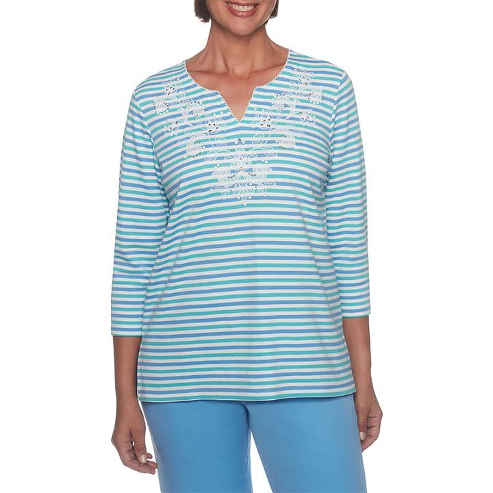 Alfred Dunner Bonita Springs 3/4 Sleeve Split Crew Neck Stripe T-shirt-womens Petites