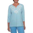 Alfred Dunner Bonita Springs 3/4 Sleeve Split Crew Neck Stripe T-shirt-womens Petites