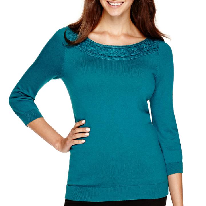Worthington 3/4-sleeve Cable-neck Sweater - Petite