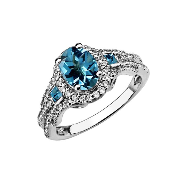 Genuine Swiss Blue Topaz And Created White Sapphire Sterling Silver Ring