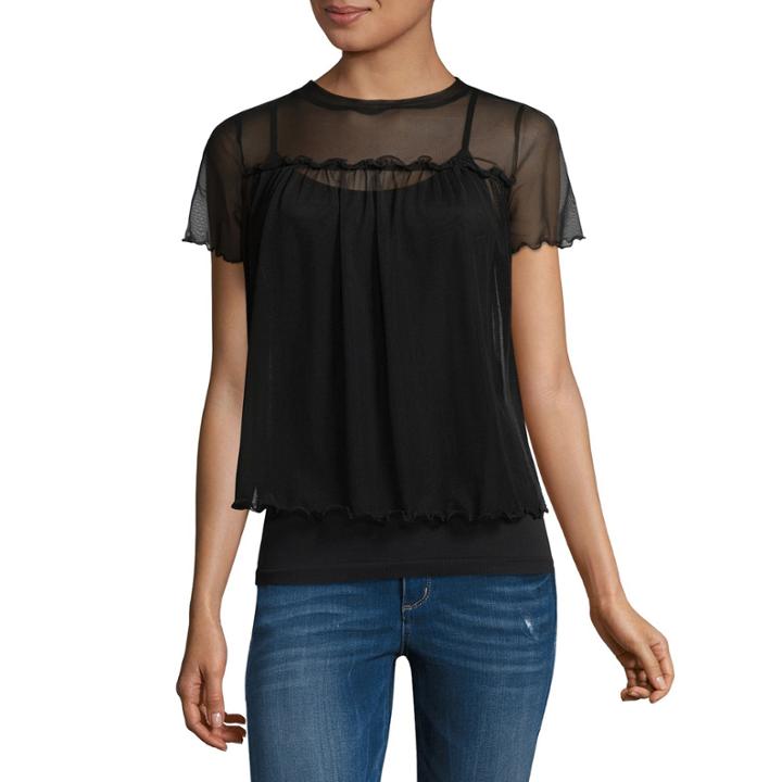 Fire Short Sleeve Crew Neck Mesh Blouse-juniors