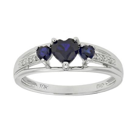 Lab-created Sapphire & Diamond-accent Heart-shaped 3-stone 10k White Gold Ring