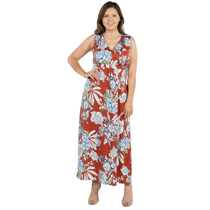 24seven Comfort Apparel Tria Sleeveless Red Floral Maxi Dress - Plus