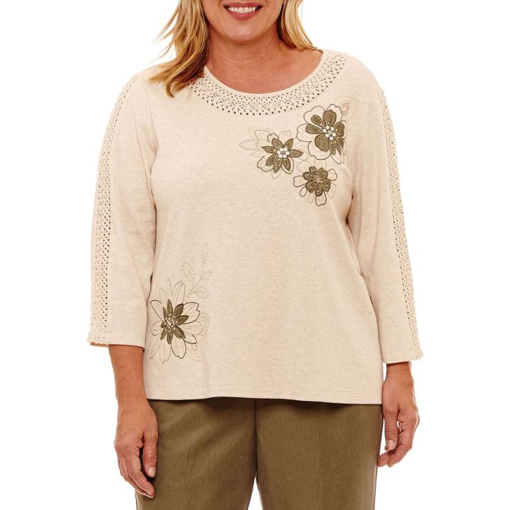 Alfred Dunner Palm Desert 3/4 Sleeve Crochet T-shirt-womens Plus