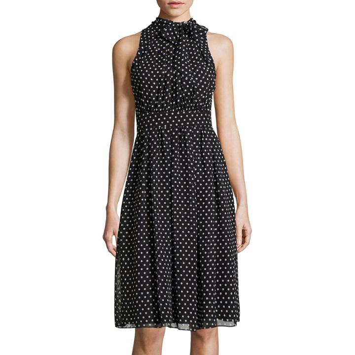 Black Label By Evan Picone Sleeveless Polka Dot Chiffon Dress
