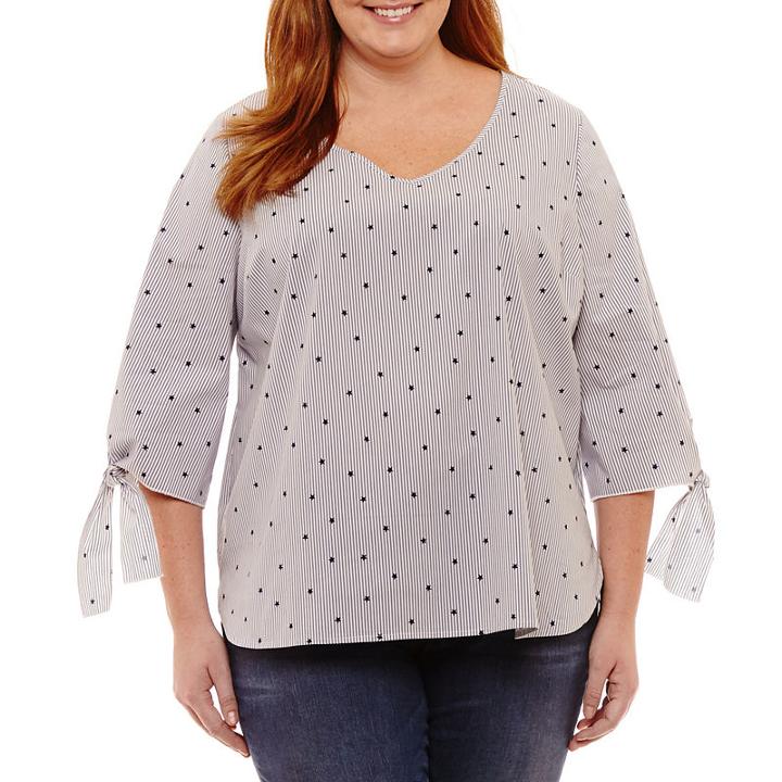 3/4sleeve V-neck Tie Sleeve Blouse - Plus