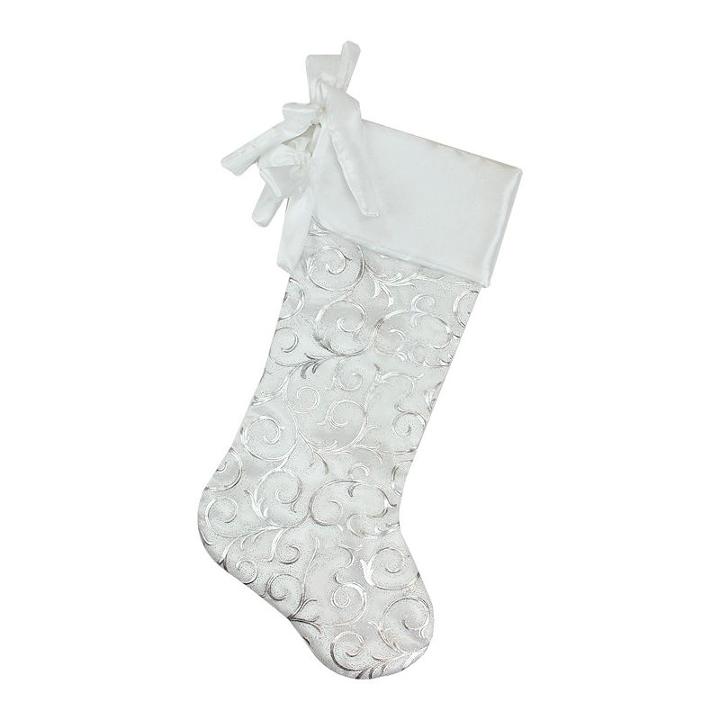 20.5 Silver Metallic Filigree Organza Christmas Stocking With White Satin Cuff And Bows
