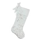 20.5 Silver Metallic Filigree Organza Christmas Stocking With White Satin Cuff And Bows