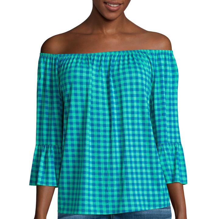 I 'heart' Ronson 3/4-sleeve Gingham Bardot Jersey Top