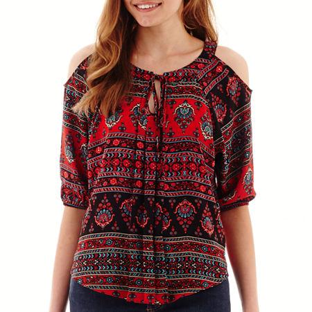 By & By Elbow-sleeve Print Chiffon Cold-shoulder Peasant Top