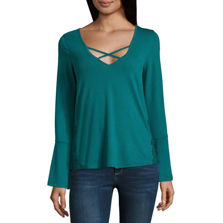 Self Esteem Long Sleeve V Neck Jersey Blouse-juniors