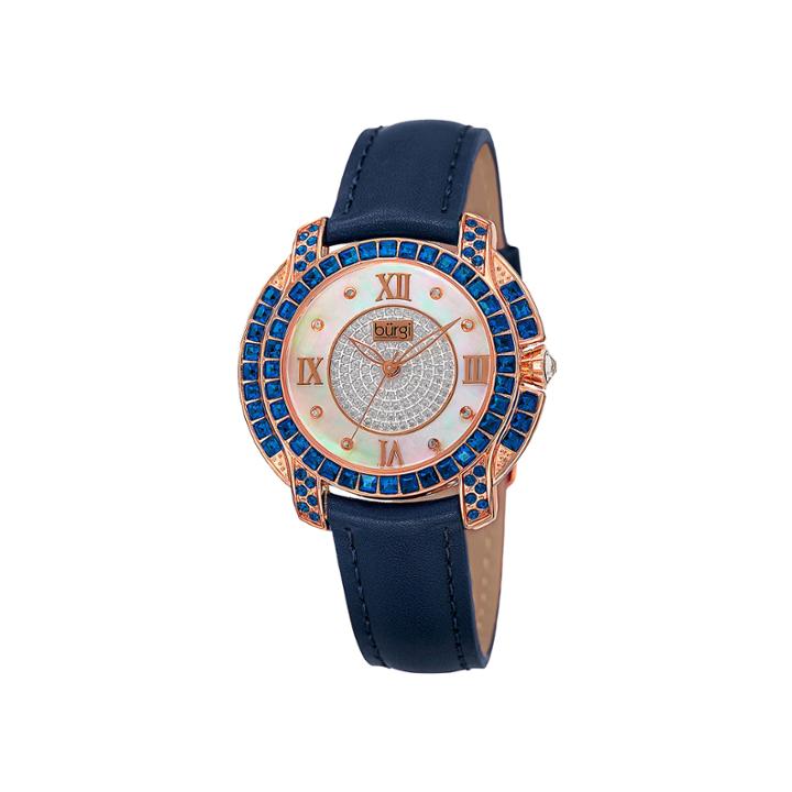 Burgi Womens Diamond Accent Crystal Rose-tone And Blue Strap Watch