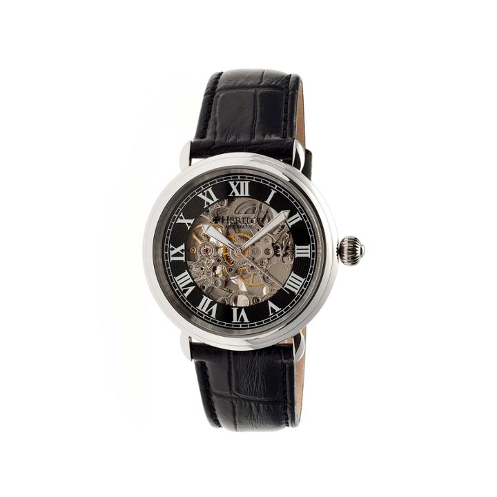 Heritor Automatic Ossibus Mens Skeleton Dial Leather-band Silver Tone/black Watch