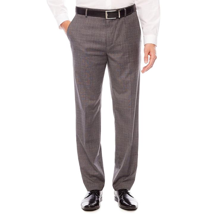 Men's Jf Stretch Gray Check Flat-front Straight-leg Slim Pant