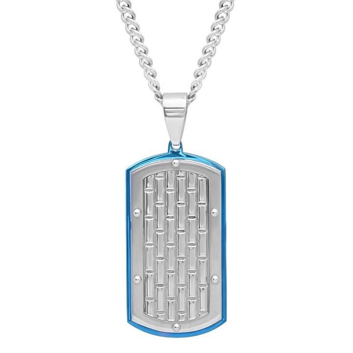 Mens Stainless Steel With Blue Ip Brick Pattern Dog Tag Pendant Necklace