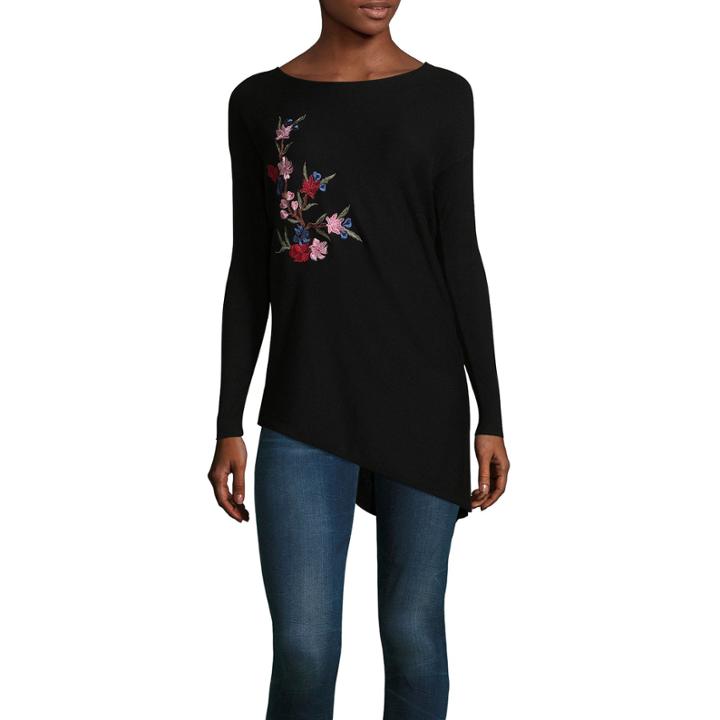 Liz Claiborne Long Sleeve Embroidered Asymmetrical Sweater