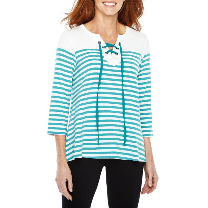 Sag Harbor Practice Gear 3/4 Sleeve Split Crew Neck Stripe T-shirt-womens