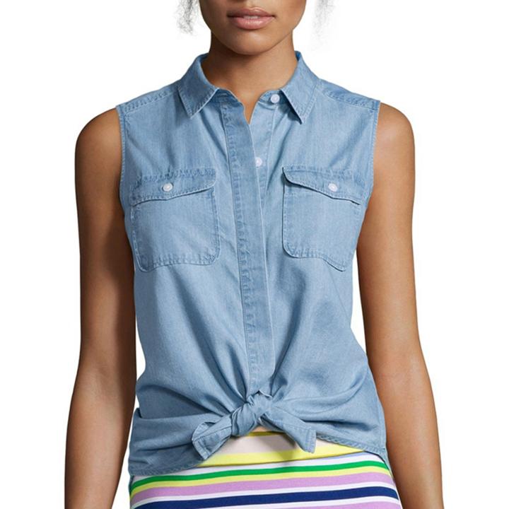 Liz Claiborne Sleeveless Chambray Boyfriend Shirt - Tall