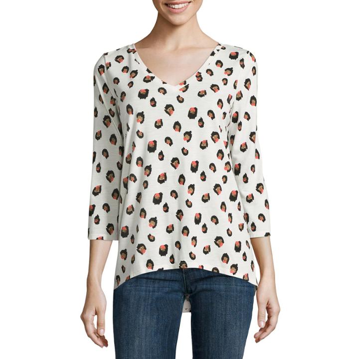 Liz Claiborne 3/4 Sleeve Cheetah V-neck Knit Top