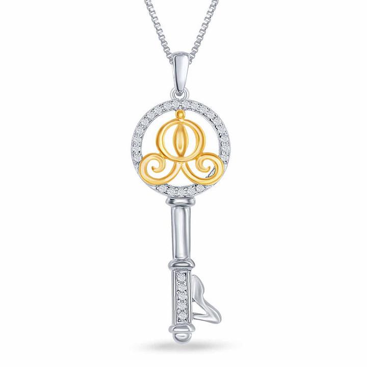Enchanted Disney Fine Jewelry 1/10 C.t.t.w. Diamond 14k Gold Over Silver Cinderella Key Pendant Necklace