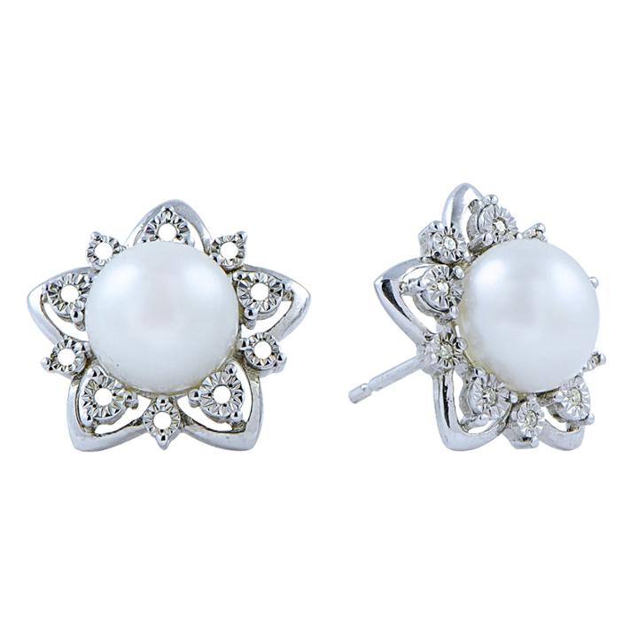 8-9mm Cultured Freshwater Button Pearl And Diamond Accent Sterling Silver Earrings