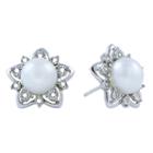 8-9mm Cultured Freshwater Button Pearl And Diamond Accent Sterling Silver Earrings