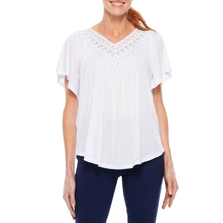 Sag Harbor Lace And Stripes Short Sleeve V Neck T-shirt-womens