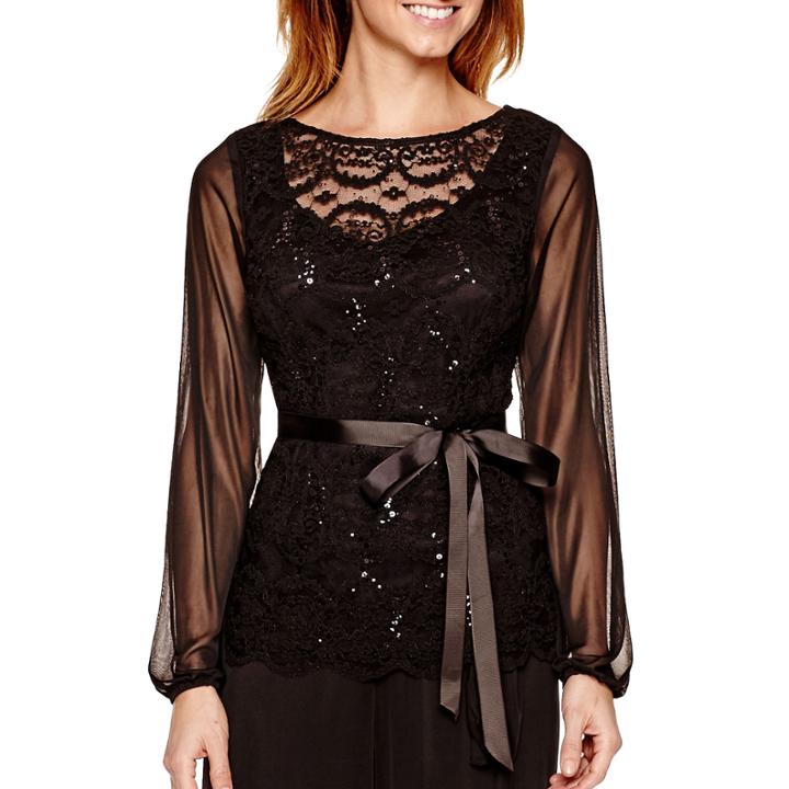 Jump Long-sleeve Belted Scallop Lace Top - Petite