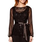 Jump Long-sleeve Belted Scallop Lace Top - Petite