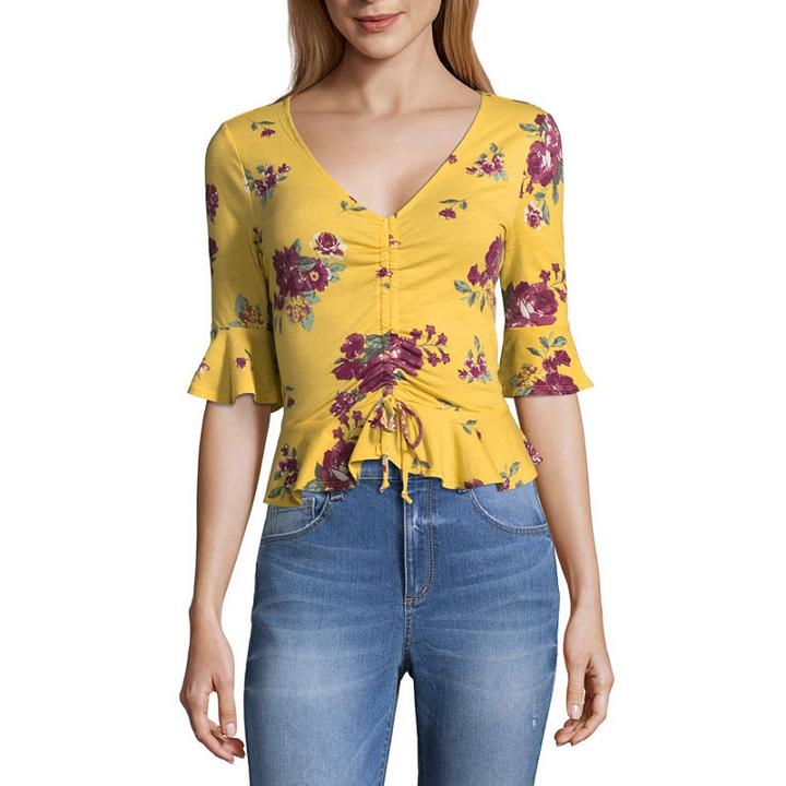 Almost Famous 3/4 Sleeve V Neck Jersey Blouse-juniors